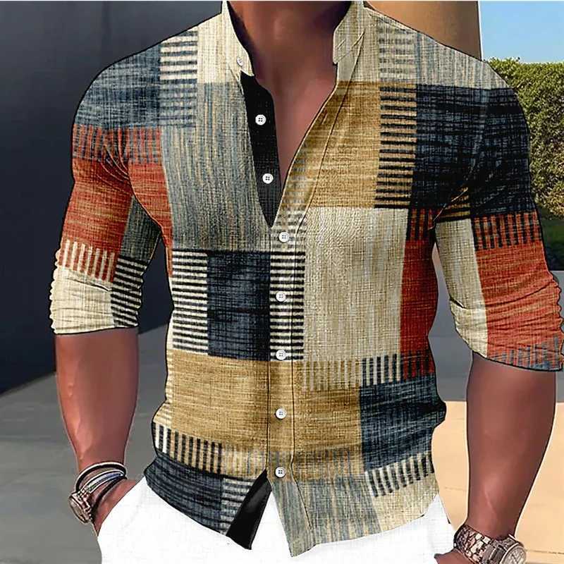 Retro Stitching Mens Long Sleeve Shirt Gradient Stand Collar Outdoor Street Button Designer Casual Breathable Mens Clothing K251110