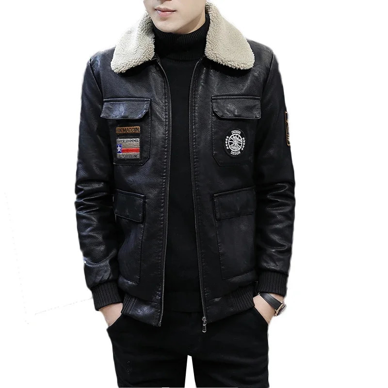 Faux Leather Jacket Men Fashion Badge Patches Male Thicken Pu Jackets Winter Fur Collar Plush Lining Motorcycle Moto Coat Men 251110