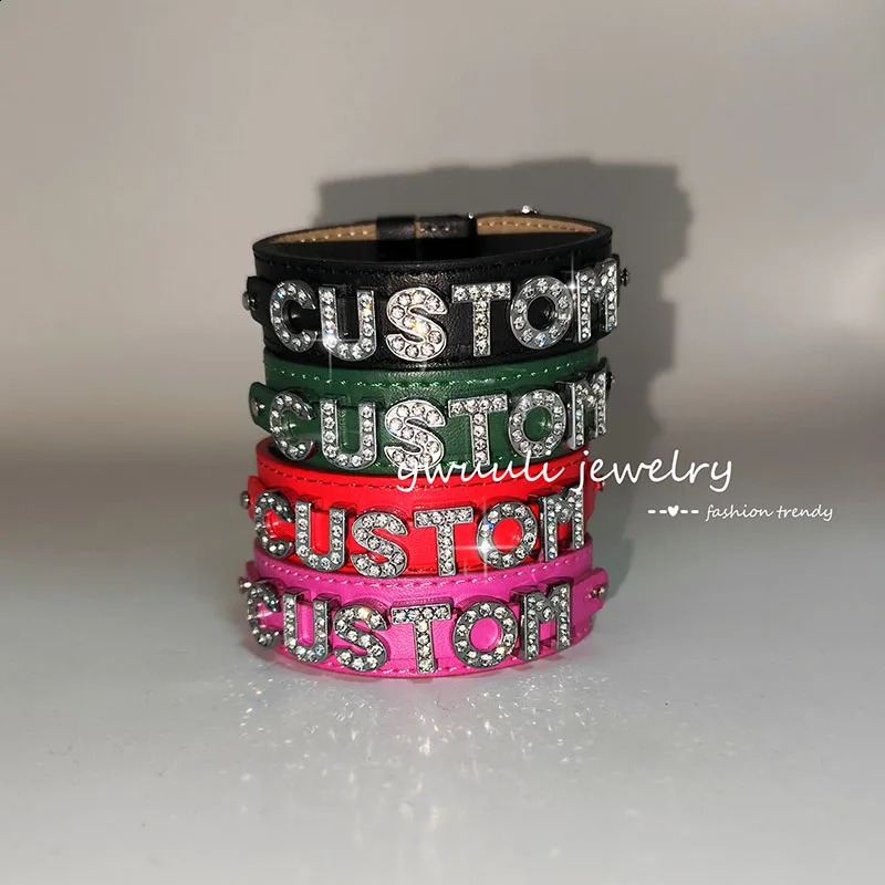 Fashion PU leather custom rhinestone letter name adjustable bracelet for women DIY personalized jewelry lover friend gift 250408