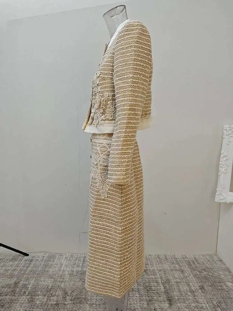 DEAT Elegant 2 Pcs Set 3D Flower Contrast Color Short Top A-line Skirt Tweed Womens Evening Party Suit Autumn 35Z1268 251106