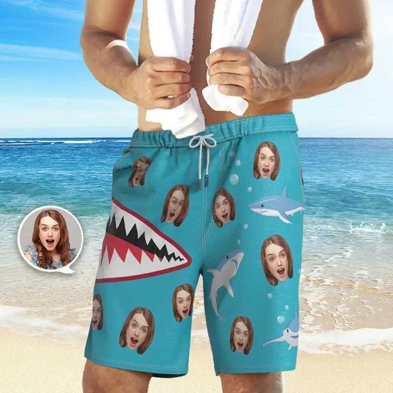 Customized facial mens shorts shark foldable beach shorts 3D printed unisex gym exercise board shorts ice swim trunksW250410