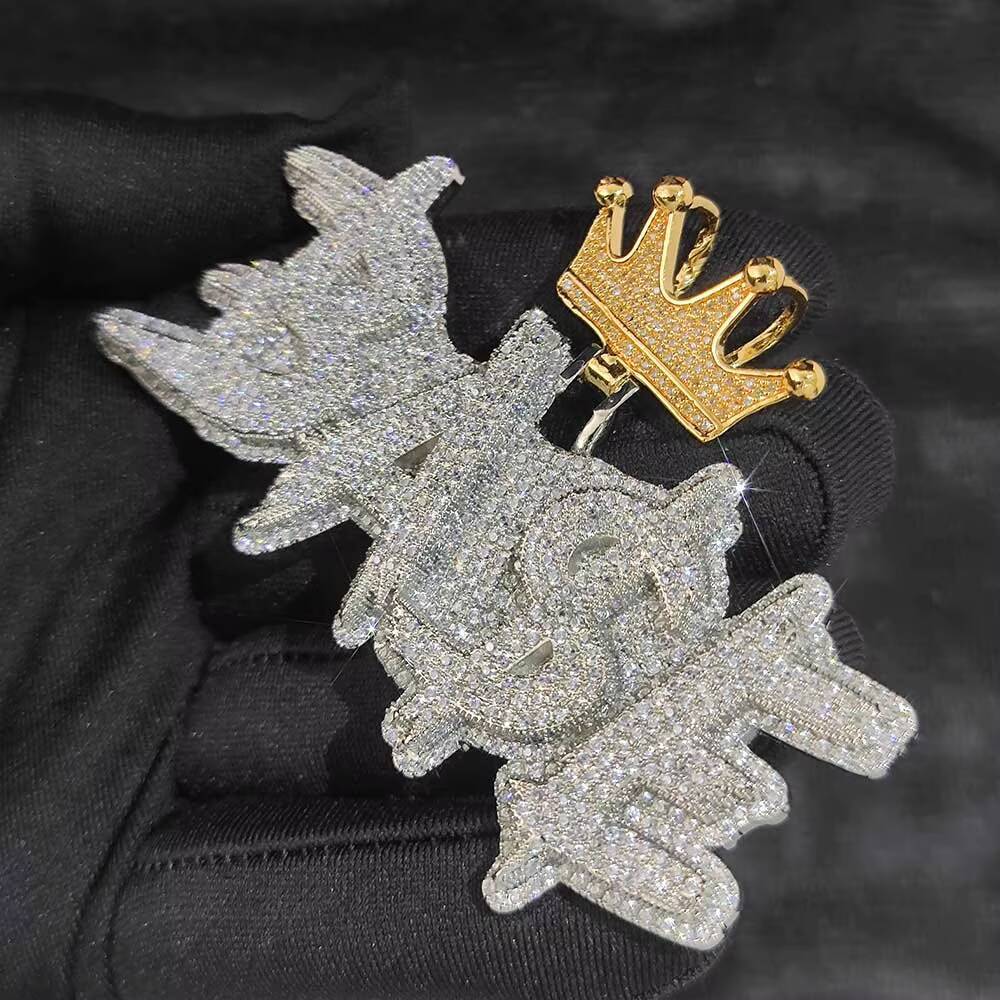 NUOYA Custom Cursive Letter Pendant Two Color Crown Hook Design Iced Out Diamond Name Pendant Hip Hop Jewelry Women Customizable