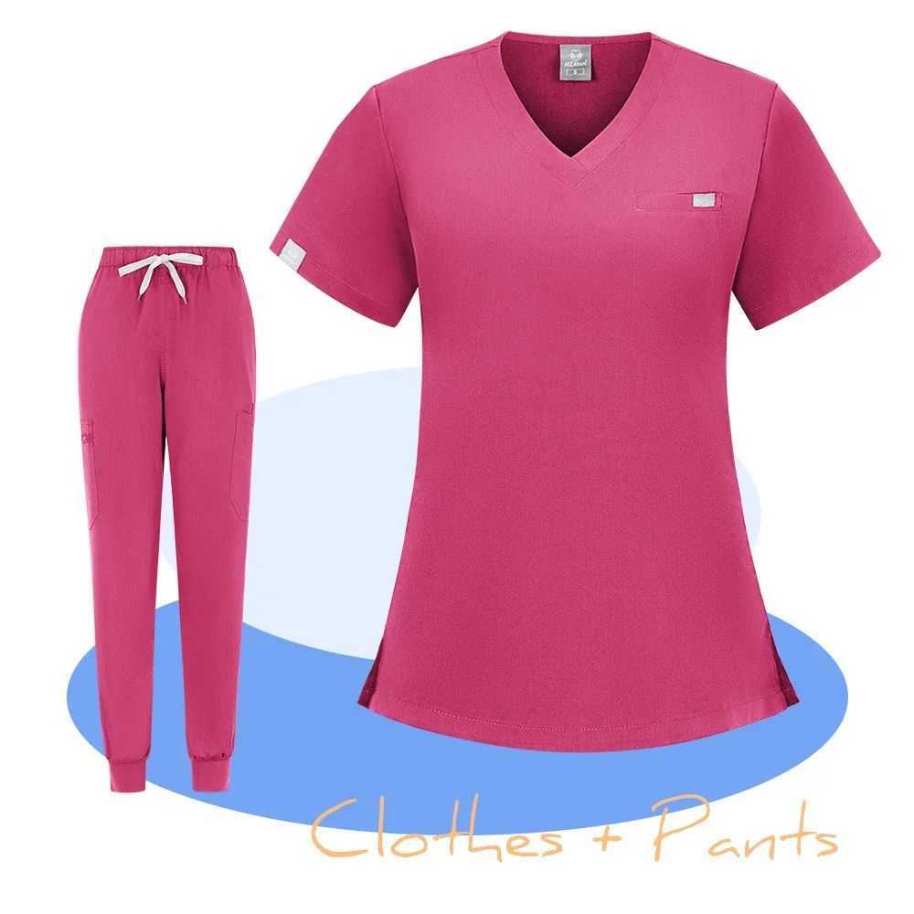 High Quty Fabric Nursing Scrubs Uniform Suit Short Slve V-neck Tops+Pants Sets Women Multicolor Pet Medical Workwear Nurse X250410