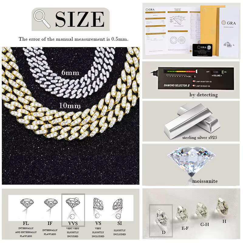 Xingguang 6mm Wide S925 Sterling Silver Necklace GRA Round Cut D VVS Moissanite Diamond Cuban Link Chain Hiphop Jewelry