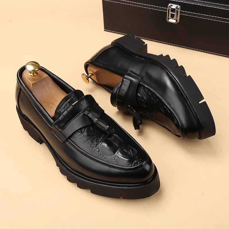 mens casual original leather tassel shoes black stylish platform shoe business wedding dress pattern footwear zapatos 251106