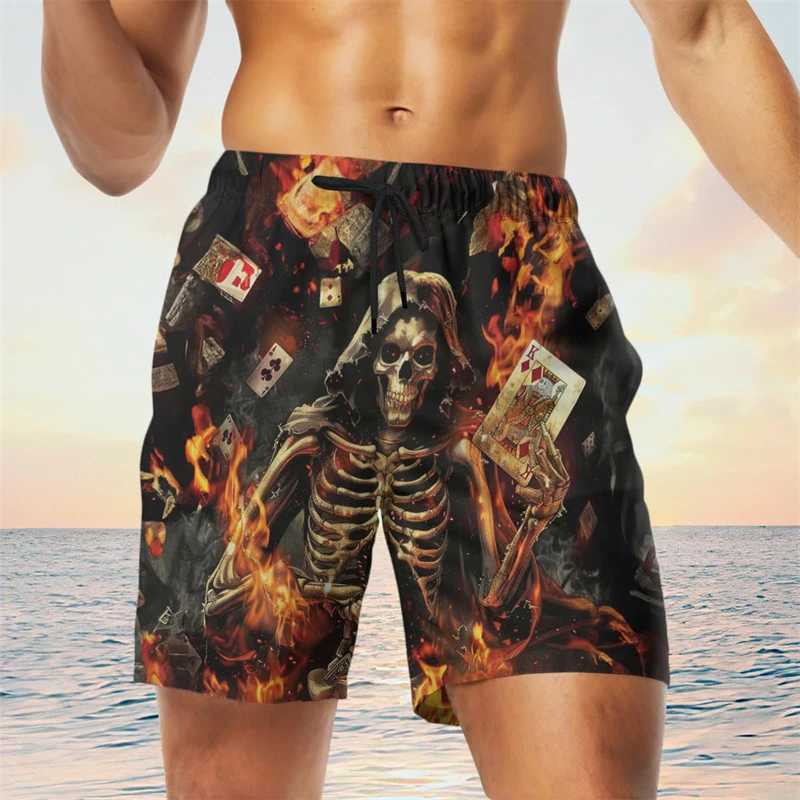 Trend Poker Animals 3D printed beach shorts mens fashionable summer street clothing skeleton graphic shorts cool oversized swim trunksW250410