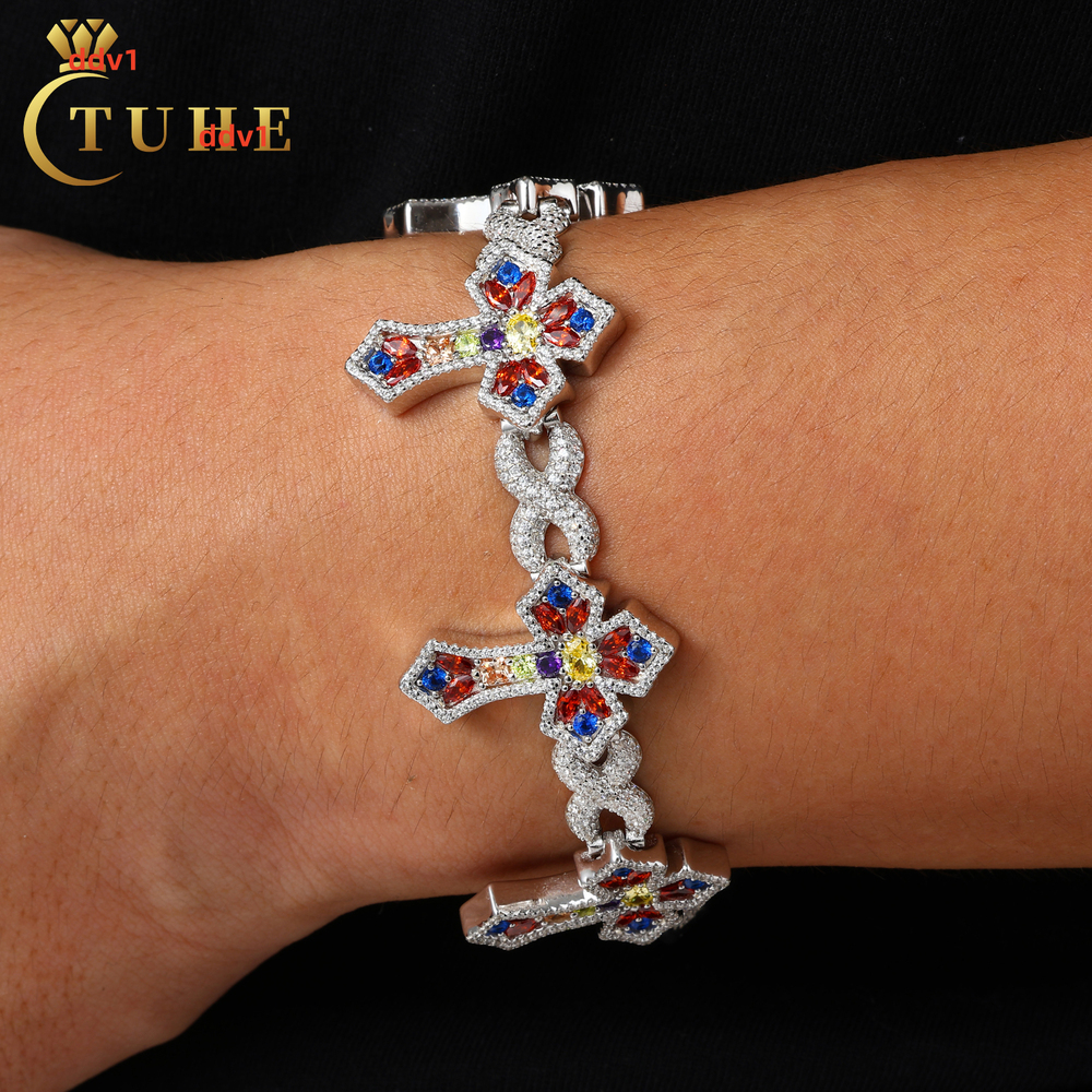 New Arrival Hip Hop Jewelry 26mm 925 Sterling Silver VVS Moissanite Colorful Moissanite Infinity Candy Cross Link Bracelet for Men