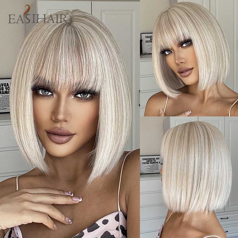 EASIHAIR Synthetic Bob Wigs with Bang Short Straight Light Blonde Beige Natural Hair Wigs for Women Daily Cosplay Heat ResistantT251111
