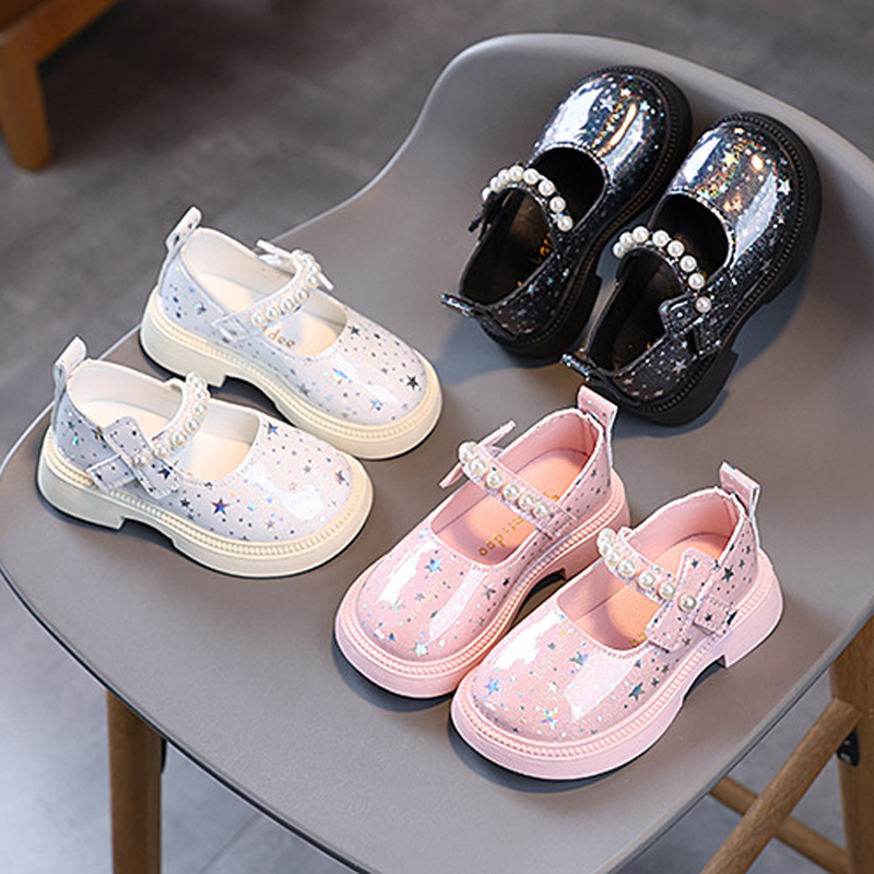 Girls Spring Toddler Kids Fashion Princess Party Shoes Walkfashion Children Casual Patent Leather Pearls Star Flats Soft Sole Size 21 - 30 dh1922389