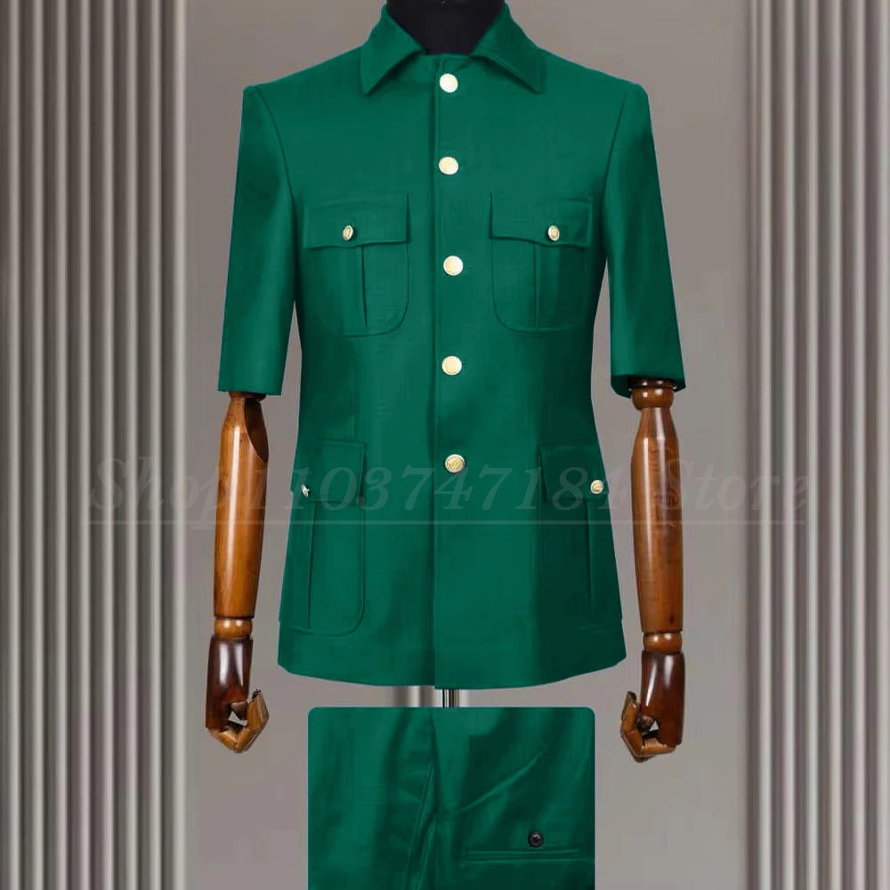 Summer Men Suits Blazer Elegant Short Sleeve Stand Lapel Single Breasted Slim Fit Clothing Formal Wedding 2 Piece Jacket Pants 251107