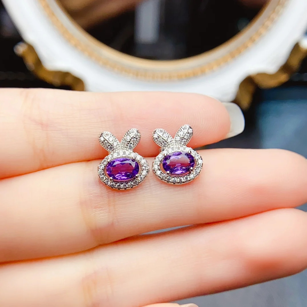 FS 4 * 6mm natural amethyst rabbit earrings S925 pure silver exquisite charm womens wedding jewelry certificate MeiBaPJ gift 250409