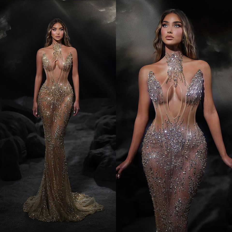 Beaded Rhinestones Evening Dress Sexy Illusion High Neck Prom Dresses Customized Sleevless Floor Length Cocktail Gown For Women