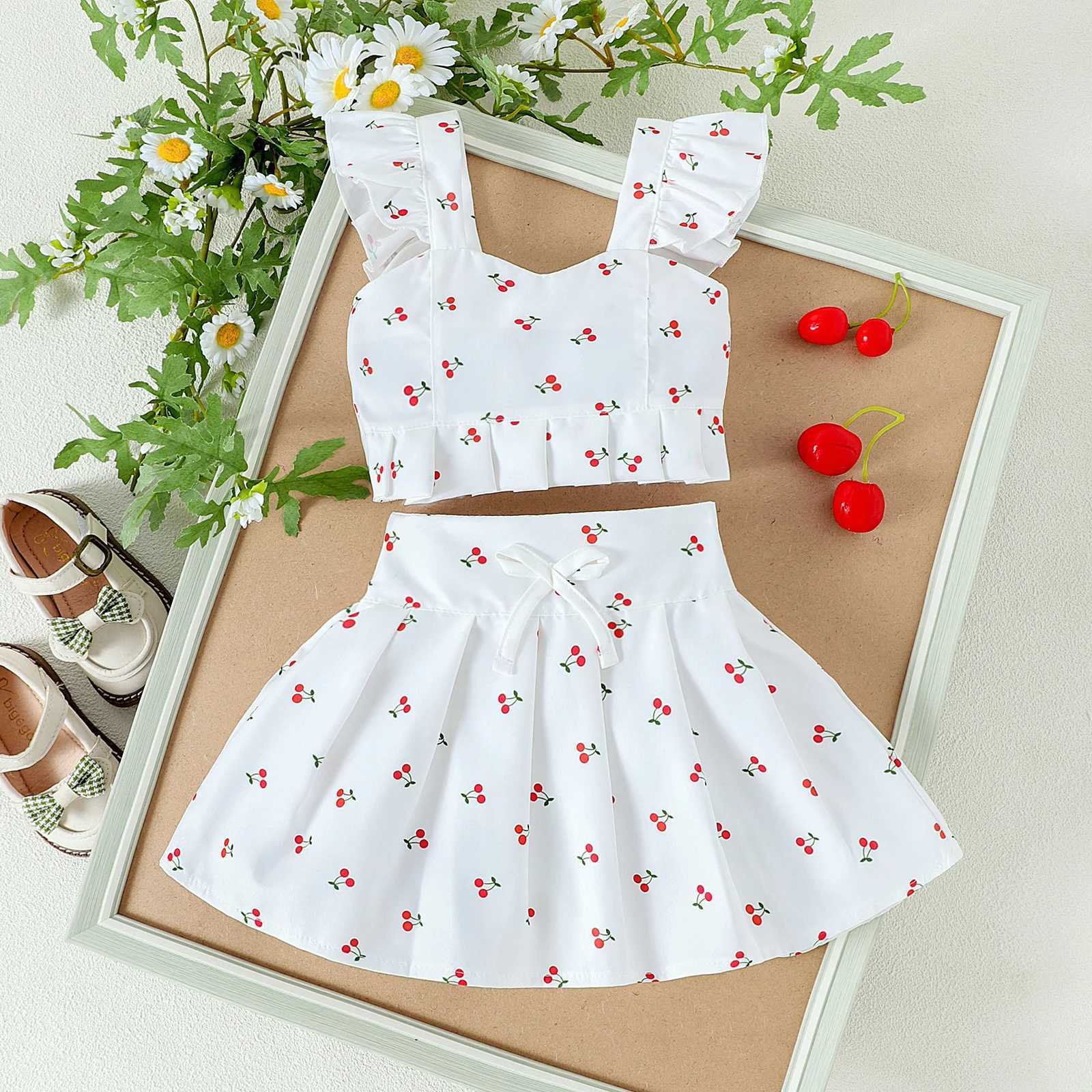 2PCS Summer New Sled Girl 1-4 Years Old Comfortable and Cute Cherry Love Pattern Top+Sprint SetXJ250410