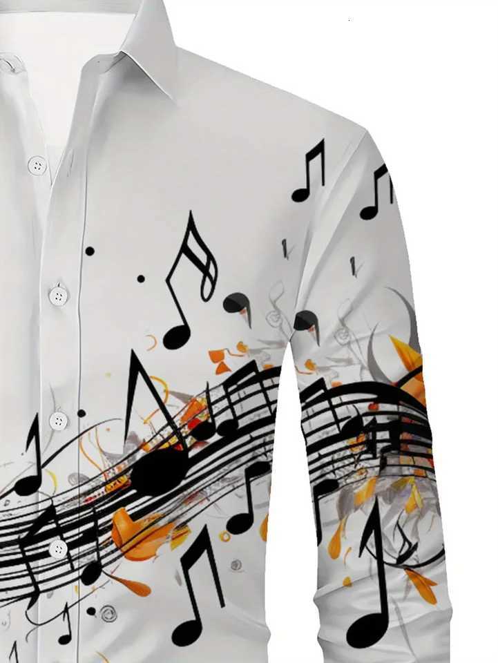 Mens Boho Chic Note Print Shirt Black Orange Music Design Button Up Long Sleeve Regula K251110