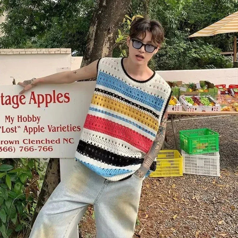 Knitted Sweaters for Men Waistcoat Mesh Striped Sleeveless Man Clothes Vest Green Maletry Warm Overfit Spring Autumn In Fun 251104