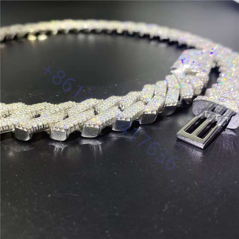 Zuanfa 20mm 3 Rows Mens Heavy Chain 925 Sterling Silver Hand Set VVS Moissanite Diamond Cuban Link Chain