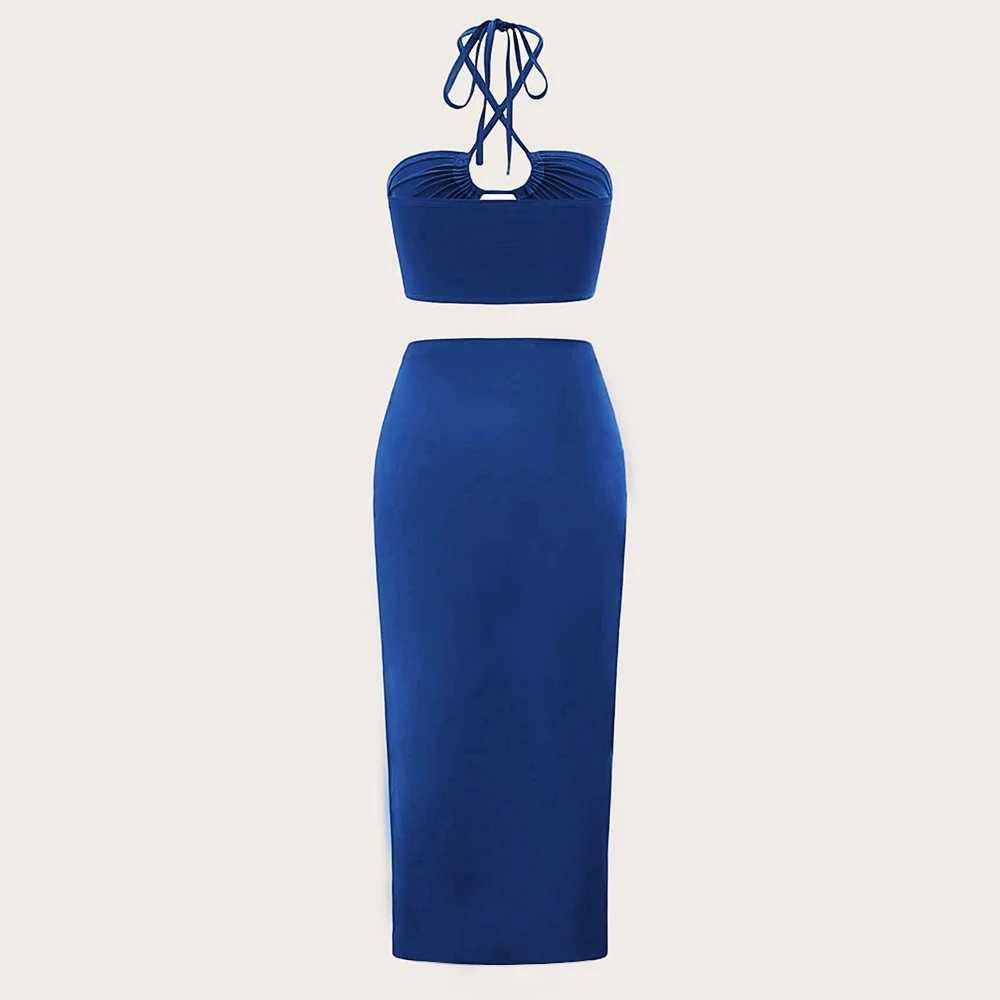 Mia Muse summer slim fit foldable lace upper and lower shoulder straps pendant neck cut high waisted long skirt casual setW250411