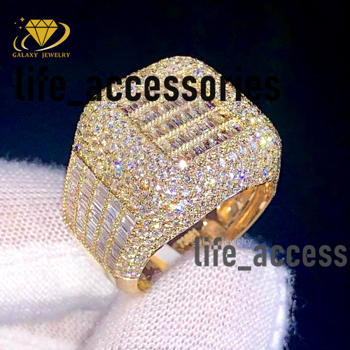 Real Iced Out Baguette Men Ring Hip Hop Bust Down Gold Plated 925 Sterling Silver Moissanite Diamond Fine Jewelry Custom Ring