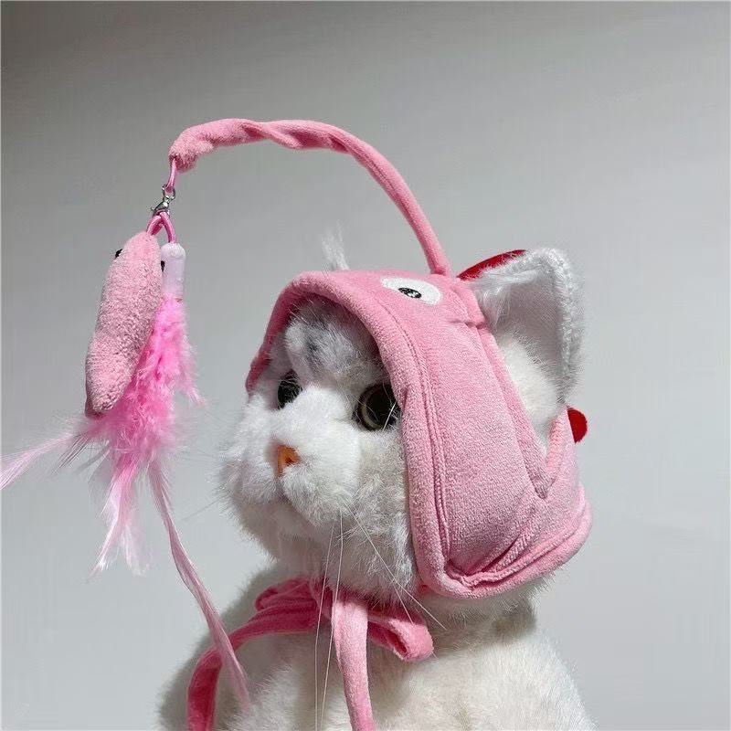 Cat hat with a built-in cat toy, cat headgear, pet dog feather self-entertainment toy, pink hat