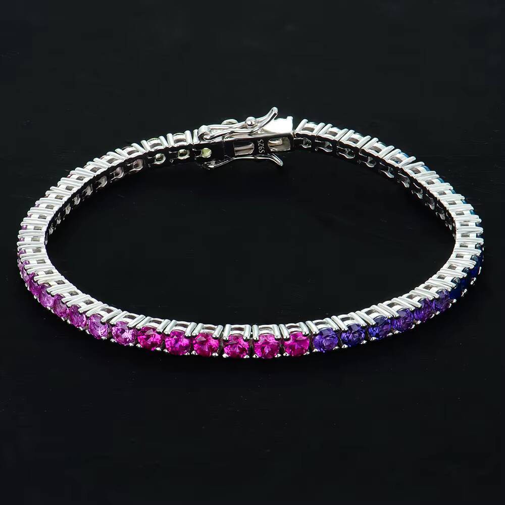 Custom 925 Sterling Silver Hip Hop Tennis Chain Bracelet Multi-Color 3mm 4mm 5mm Green Lab Grown Spinel for Gifts