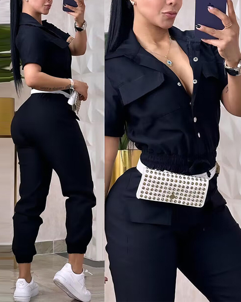 2024 fashion mature womens casual multi pocket waist elastic workwear jumpsuit
