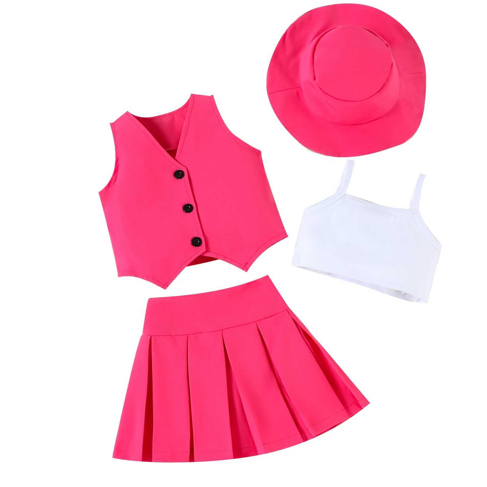 3-7Y Fashion Girls Summer Clothing Set V-neck Sleeveless Button Tank Top Cami Wrinkled Ski Hat 4pcs Childrens ClothingXJ250410