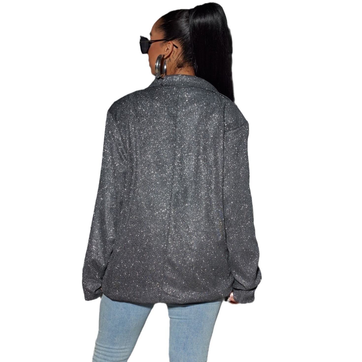 New commuting style cardigan with a collar and long sleeves, sparkling large casual suit jacket