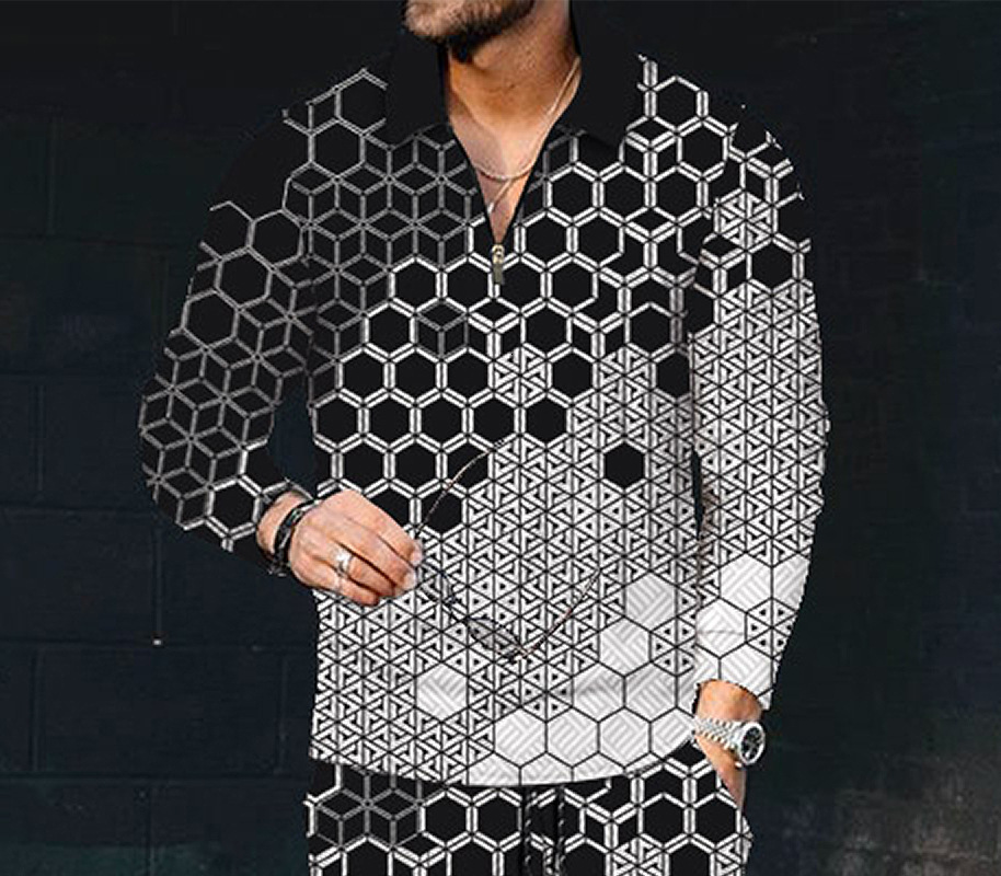 New mens printed polo shirt lapel long sleeve pullover casual mens T-shirt