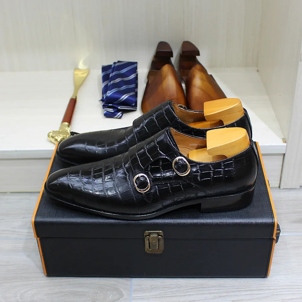 Mens Genuine Leather Monk Strap Dress Shoes Handmade Double Buckle Pattern Business Wedding Formal Shoes 251106