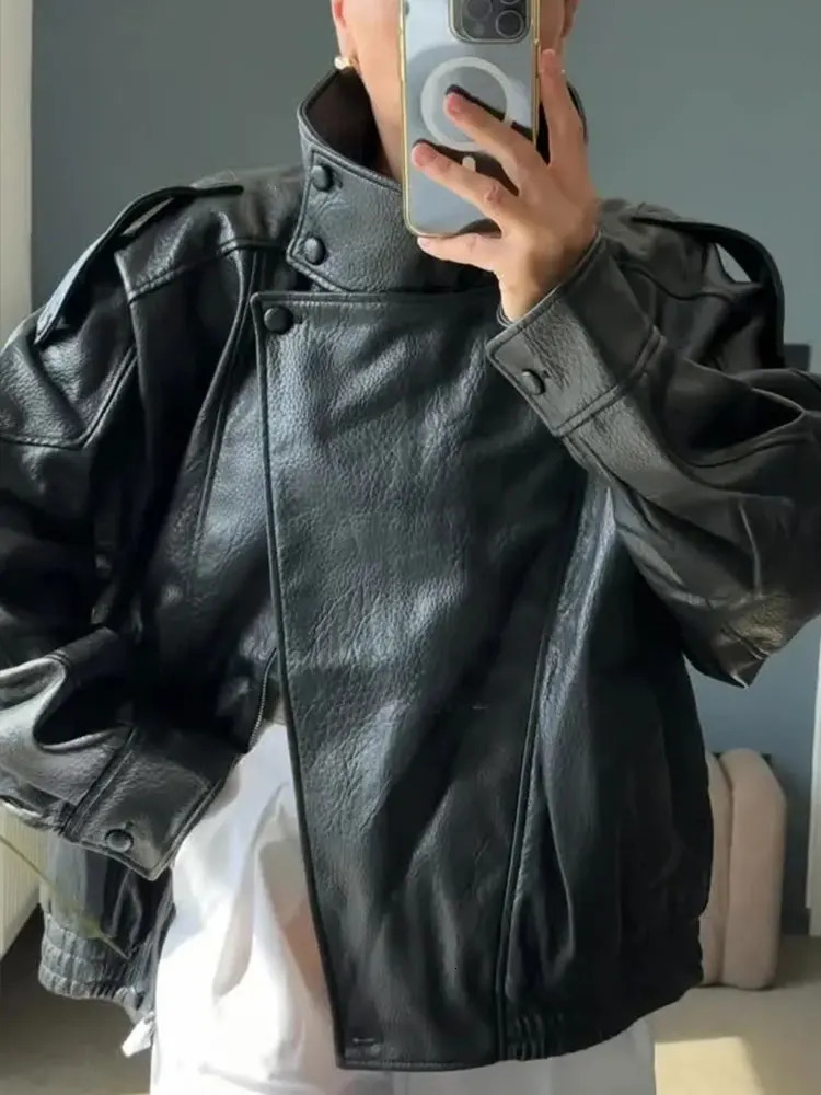 HH Autumn Womens Street Fashion Loose Leather Jacket Long Sleeves Turtleneck Zipper With Pockets Asymmetric Vintage Coats 251107