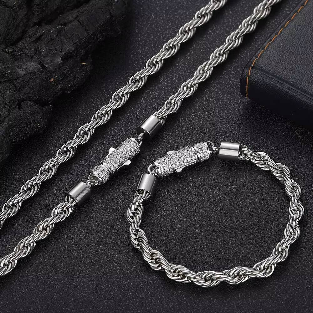 Nuoya New Style 6mm Iced Out Clasp Rope Chain Stainless Steel 18K Gold Plated Twist Rope Chaain Bracelet Jewelry for Women