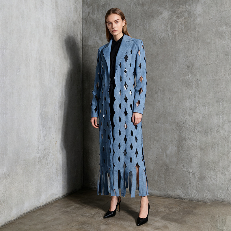 2025 Autumn Winter New Fashion Street Style Hollow Long Sleeve Womens Trench Coat Design Long Denim Jacket for Women 240820