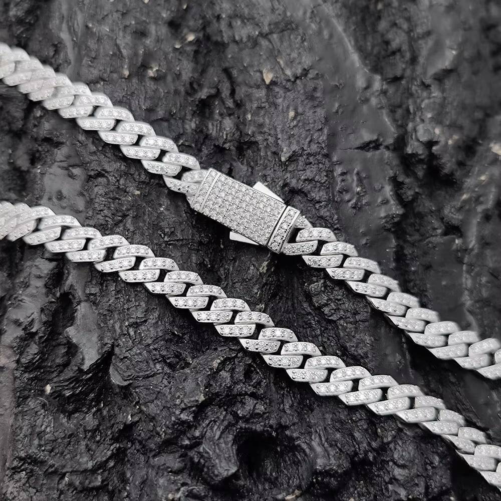 Nuoya 925 Silver Jewelry 8mm Prong Cuban Link Chain Iced Out Pass Diamond Tester VVS Moissanite 925 Sterling Silver Necklace