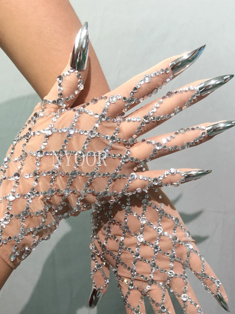Shining Rhinestone Mesh Gloves Sexy Crystal Short Gloves Stage Performance Show Accessories Nightclub Party Outfit 250408