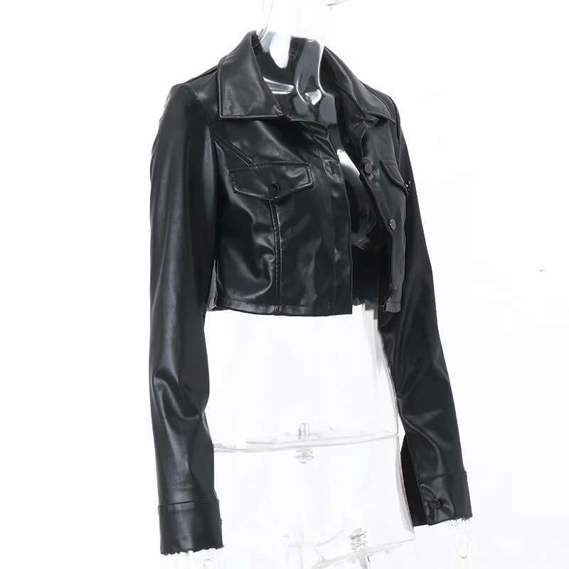 New In Autumn Sexy Streetwear Black Short Leather Jacket For Women 2024 Slim Turn-Down Collar Single Breasted Crop Outerwears
