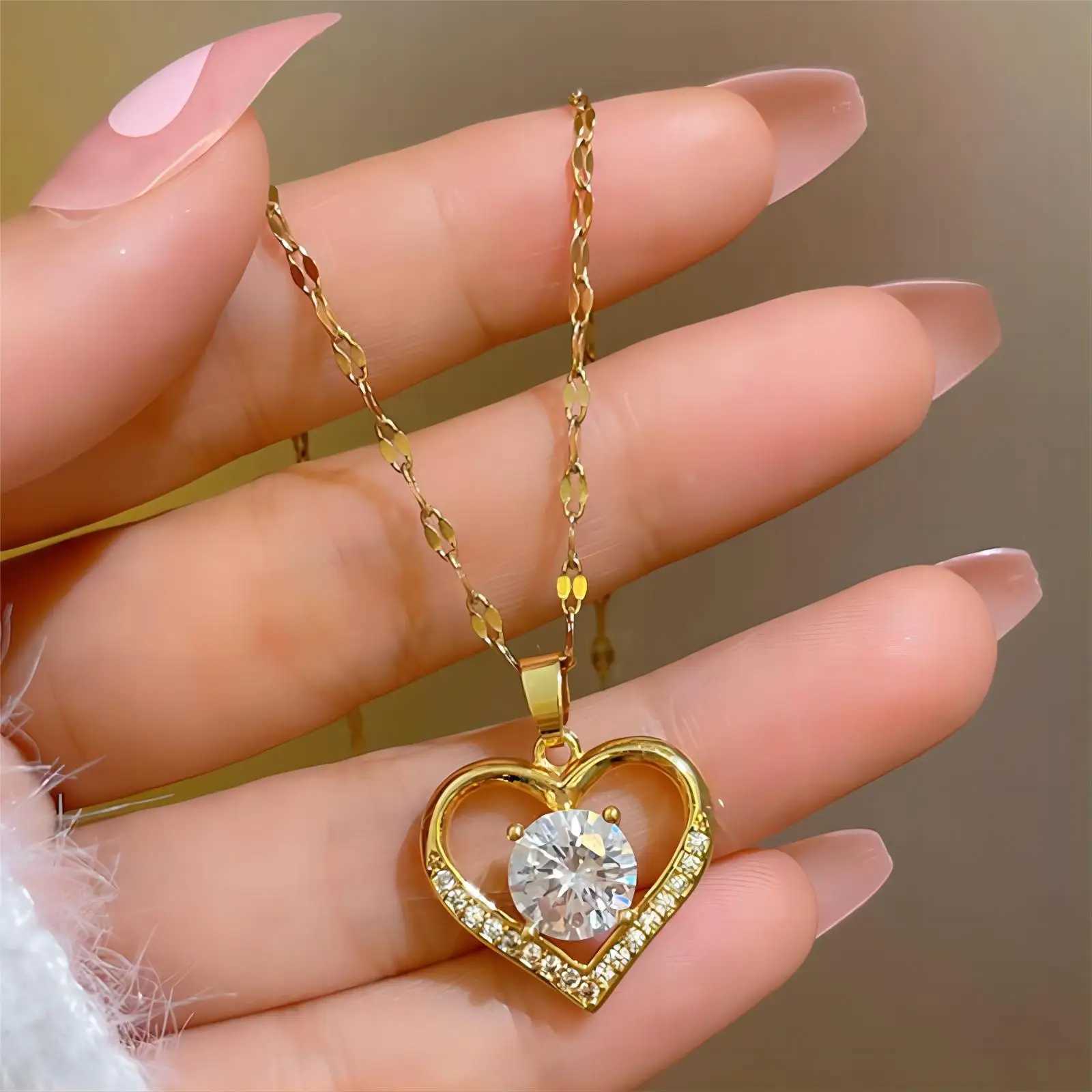 Trendy Heart Stainless Steel Zirconia Necklaces For Women Girls Love Gold Color Metal Necklace Party Birthday Daily JewelryC250411