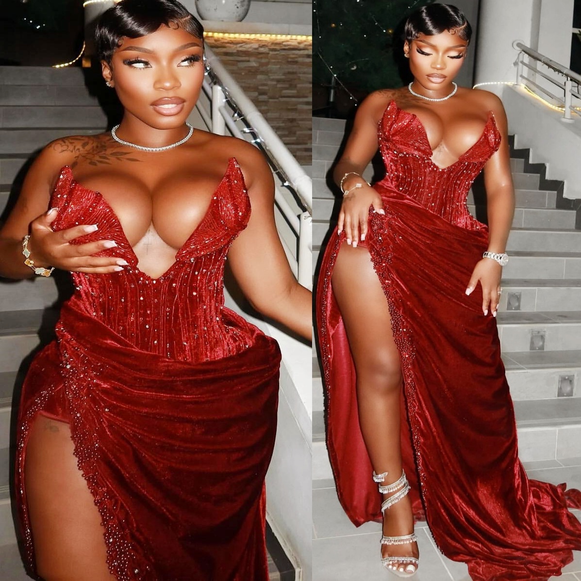 Dark Red Sheath Prom Dresses 2025 Beaded Sweetheart High Split Velvet Evening Formal Party Second Birthday Engagement Gowns Plus Size Dress For Specia