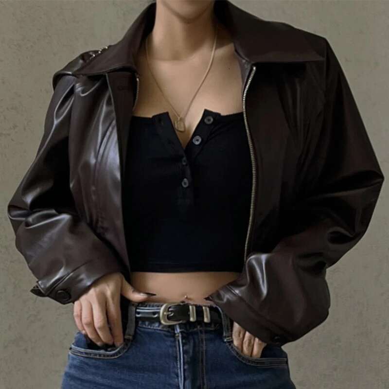 Xeemilo PU Faux Leather Jacket Aesthetic Fashion Streetwear Turn-Down Collar Coat Autumn Vintage Casual Simple Long Sleeve Coats
