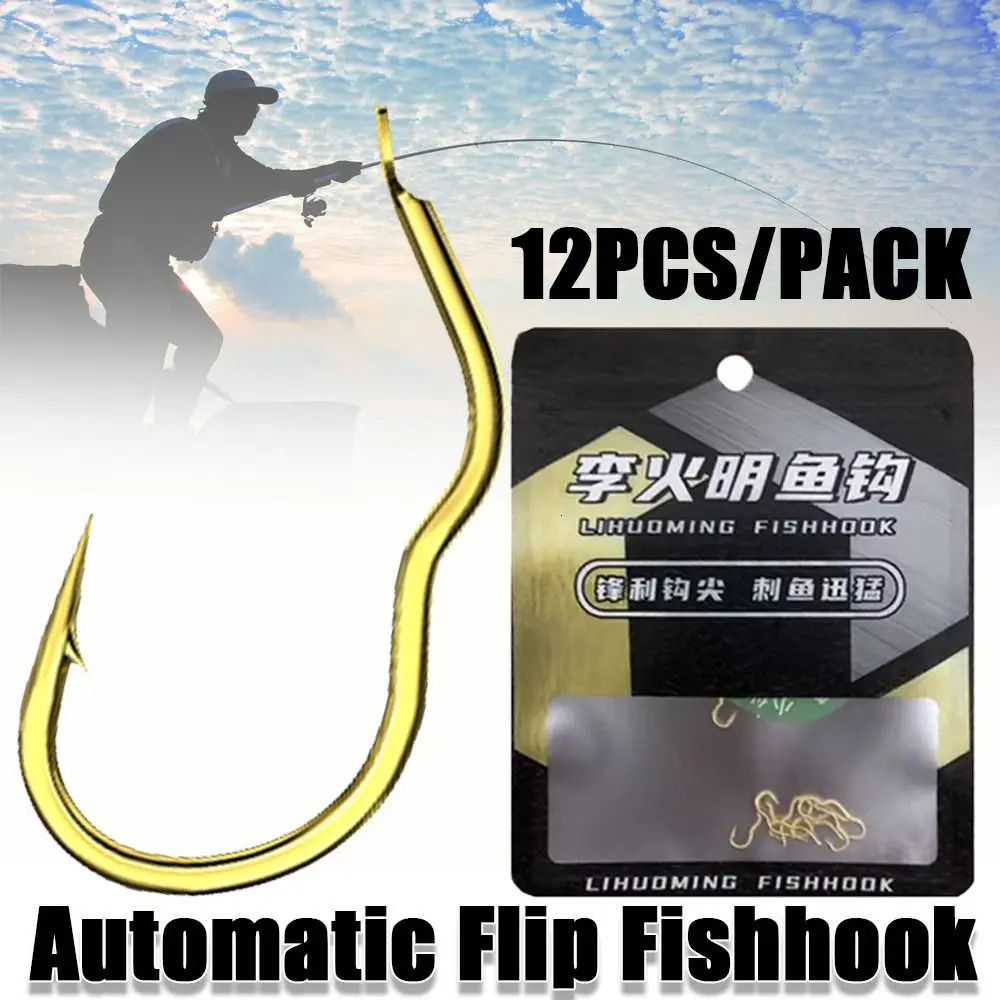 12PcsPack Creative High Carbon Steel Gold Fishing Hook Sharp Barbed Anti Slip Automatic Flip Fishhook Fishing Tackle 251103