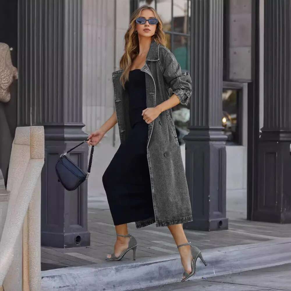 Women's Long Denim Coat Jacket Autumn And Winter New British Style Double-Breasted Lapel Long-Sleeved With Belt Windbreaker