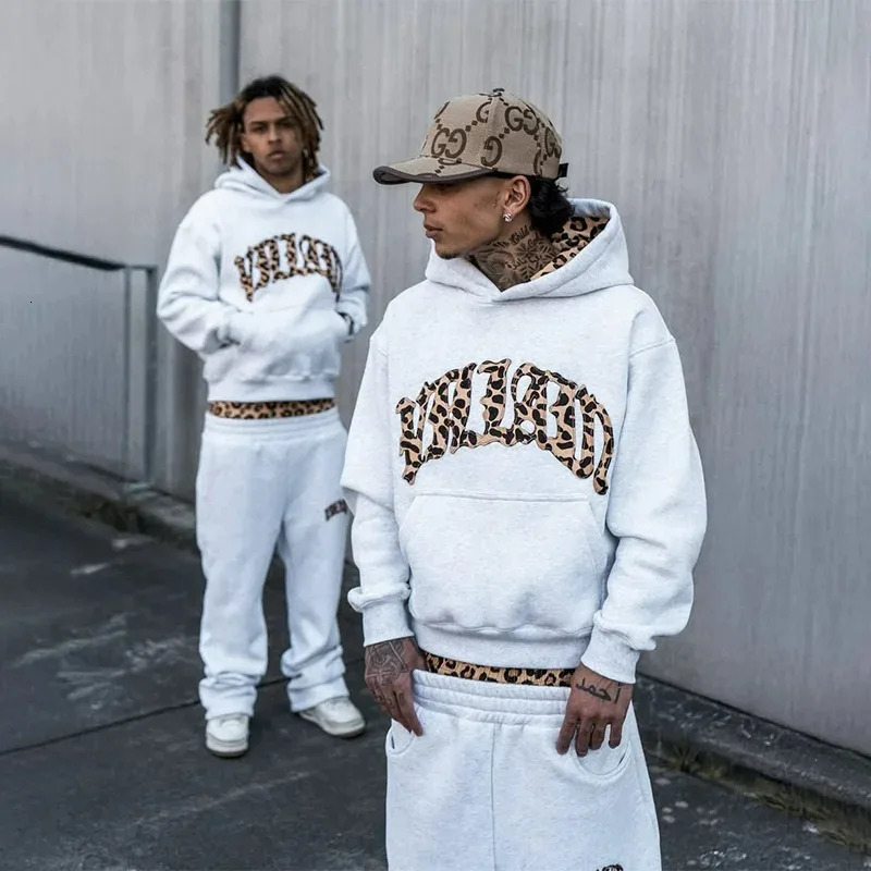 3 Pcs Sportswear Set Y2k Men Women Retro Superior Leopard Patchwork Set American Streetwear Unisex Boxy Casual Couples Apparel 251105