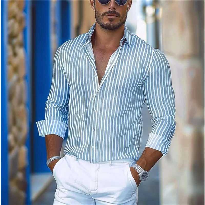 Striped mens business casual 3D printed shirt street daily wear spring and summer lapel long-sleeved 5XL stretch fabric shirt K251110