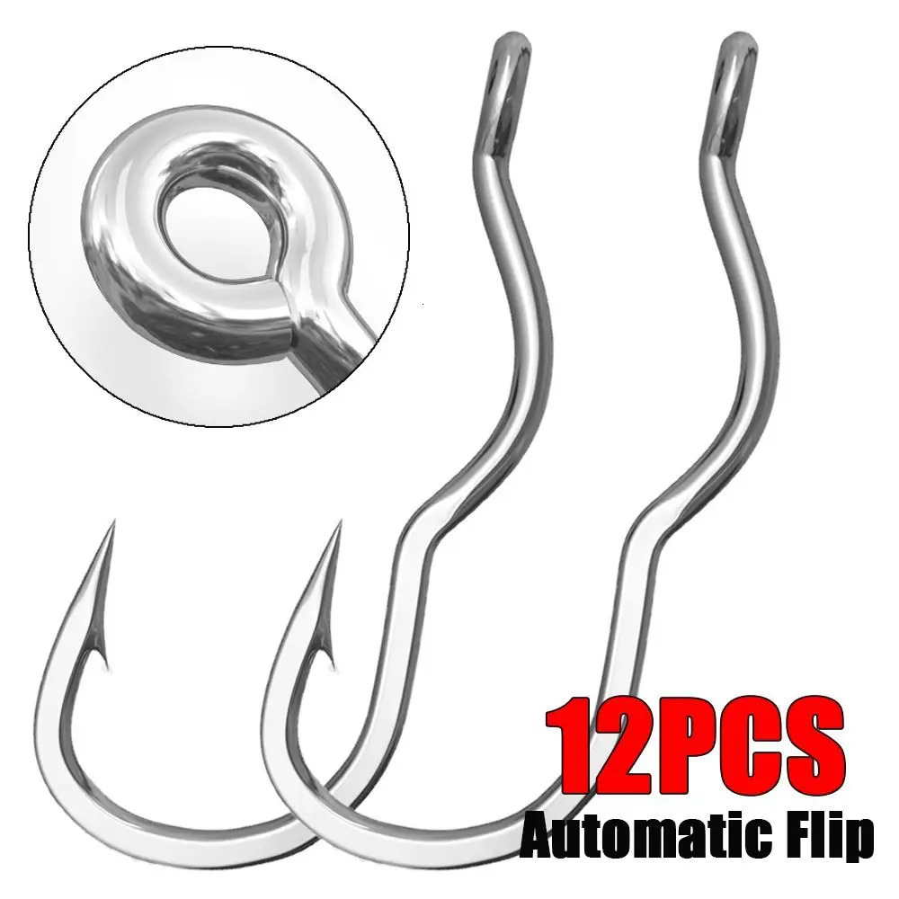 12 Pcs Durable Automatic Flip High Carbon Steel Fishhook With Eye Anti Slip Fishing Hook Sharp Barbed Fishing Tackle Accessories 251103