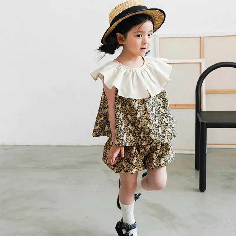 Summer fashion baby girl pleated collar sleeveless lace T-shirt top+shorts set childrens 2-piece set clothing for 2-8 yearsXJ250410