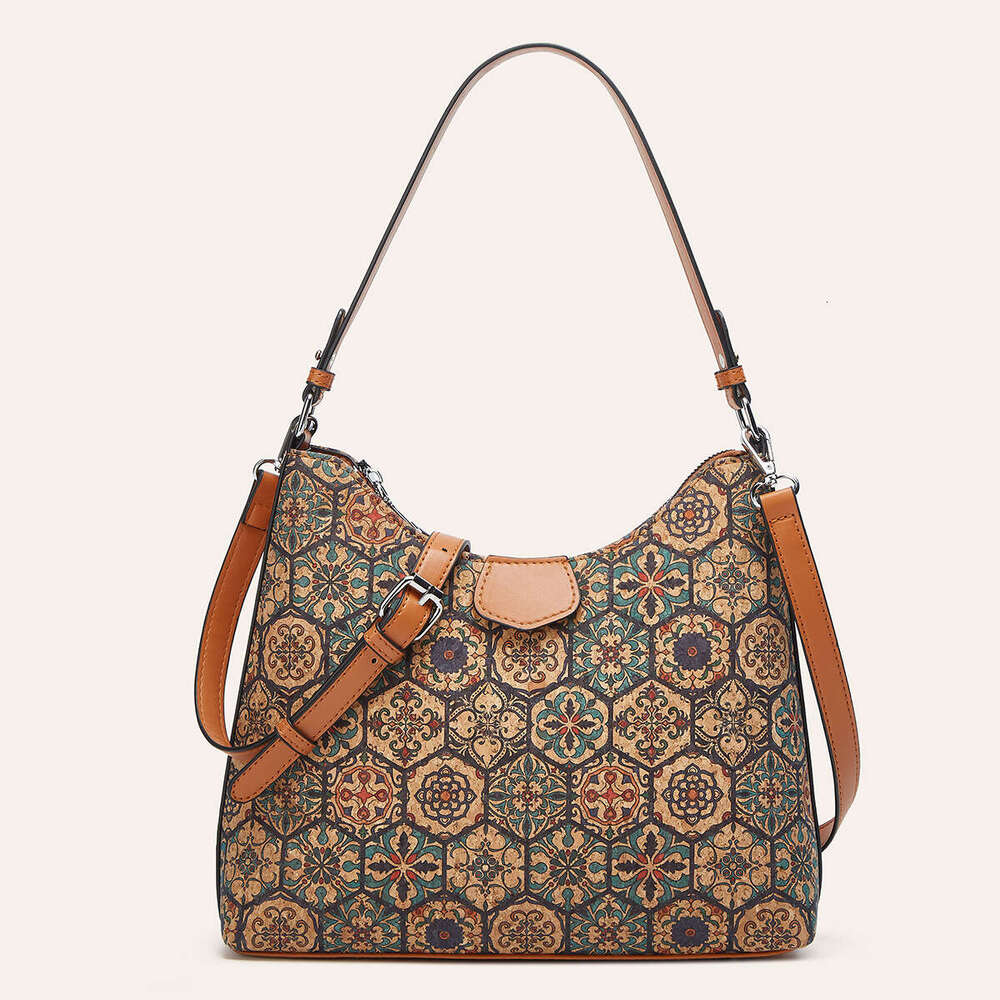 DHcollections Cork Multi-Way Shoulder Bag - Retro Ethnic Style Crossbody Tote with Zipper for Daily Use