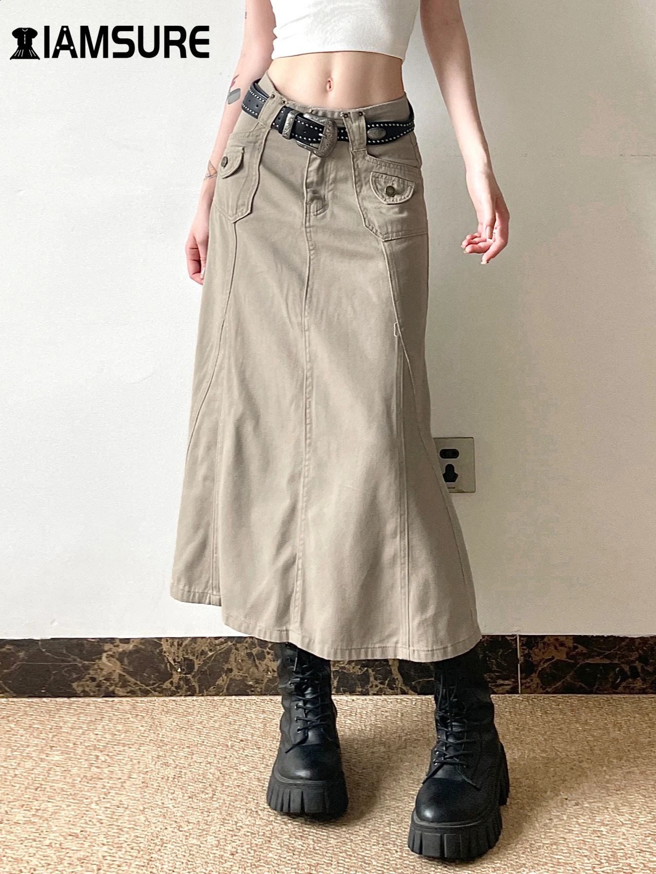 IAMSURE Safari style large pocket A-Line skiing casual slim mid waist long skirt for women summer fashion streetwear for women 250408