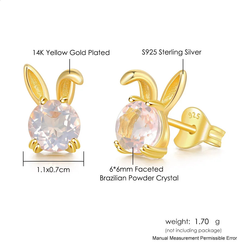 Vintage natural rose quartz cute rabbit S925 womens silver stud earrings 14K gold-plated exquisite jewelry earrings cute earrings 250409
