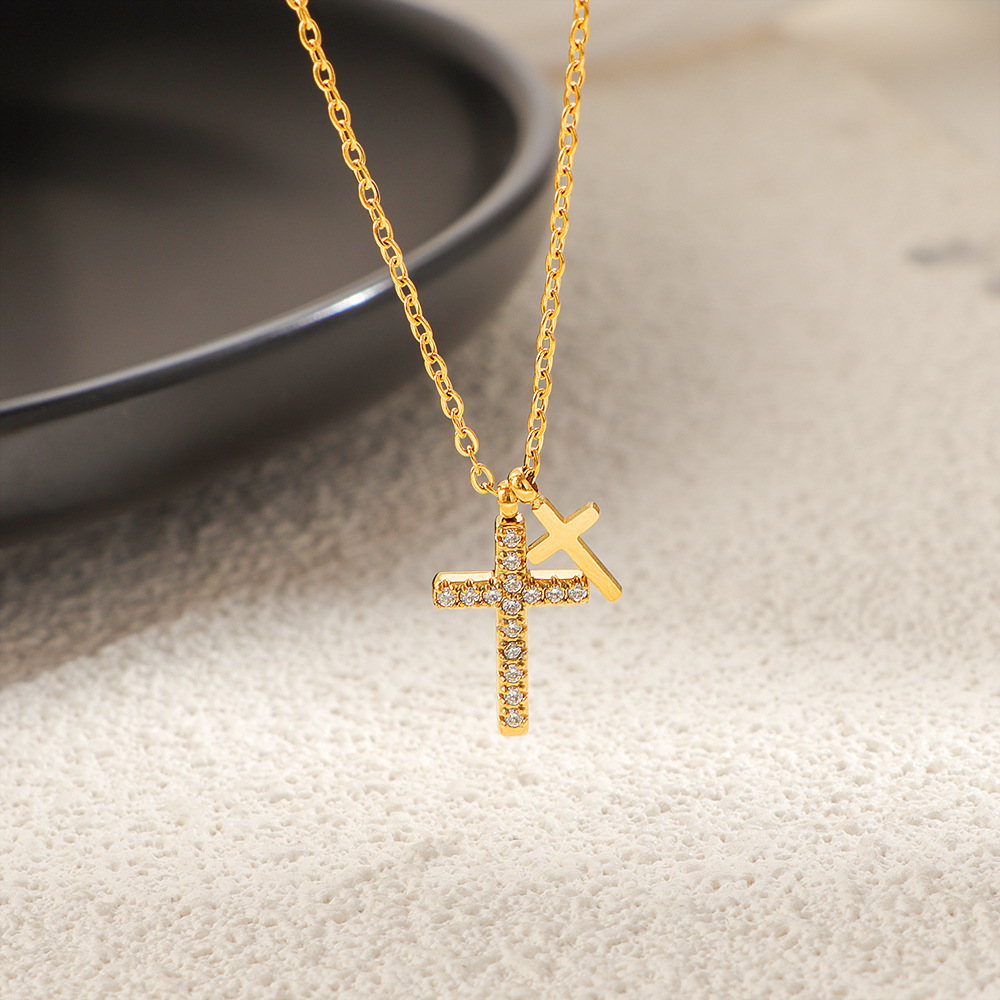 Luxury Titanium SteelCubic Zirconia Double Cross Pendant Necklace Religious Charm 18K Gold Silver CZ Crystal Neckalce Diamonds Christian Necklace Jewe