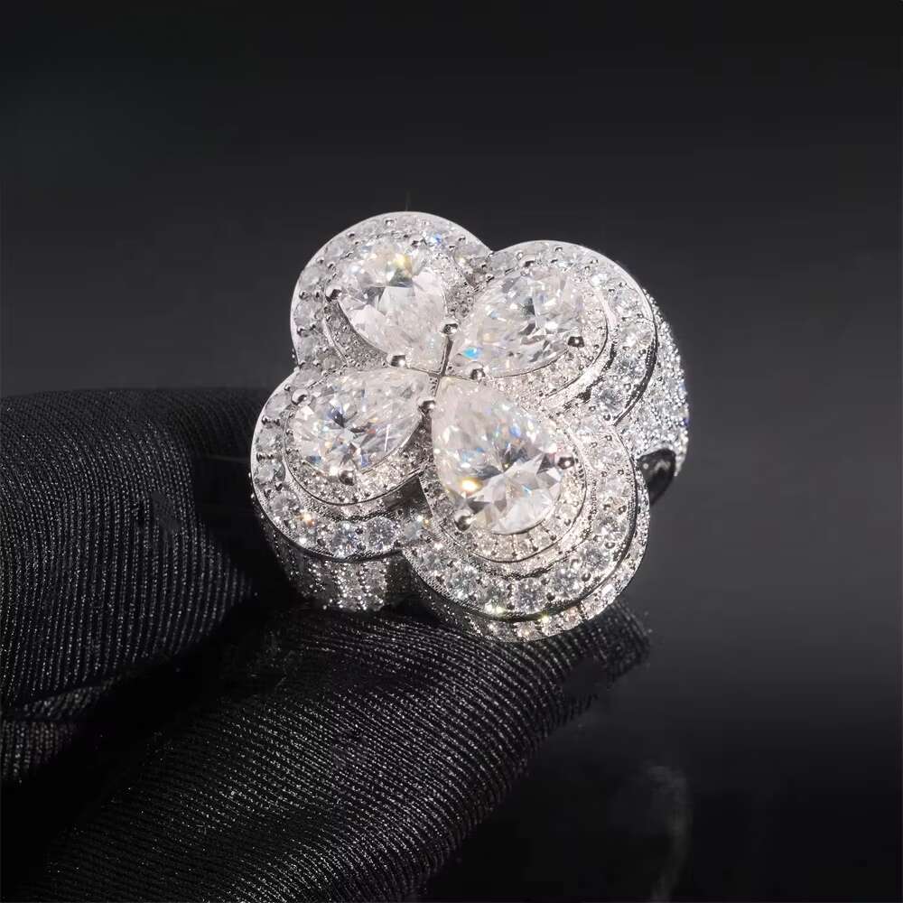 New hip-hop style fully chilled silver cross pear shaped cut men's silica ring