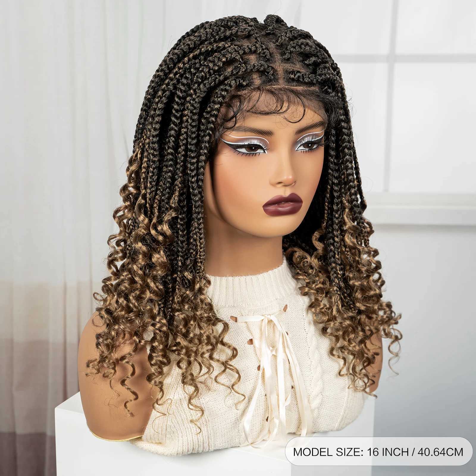 Ombre Knotless Box Braided Wigs with Curly Ends Synthetic Full Lace Braided Lace Wigs Short Boho Braided Bob Wig for Black WomenT251111